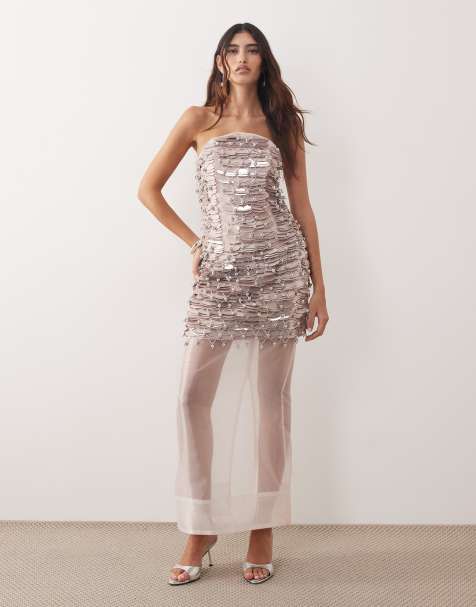 ARRANGE geo scallop embellished bandeau hybrid midi dress in pink - view 1