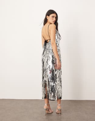 ARRANGE geo shard sequin low back column midi dress in silver