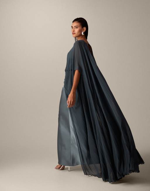 ARRANGE - Geplooide hybride maxi cape-jurk in petrol blauw, 4 van 4