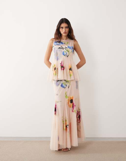ARRANGE - Geplooide maxi rok met geborduurde bloemen in roze, deel van co-ord set, 2 van 5