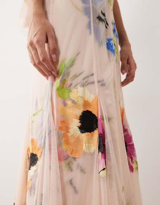 ARRANGE - Geplooide maxi rok met geborduurde bloemen in roze, deel van co-ord set, 4 van 5