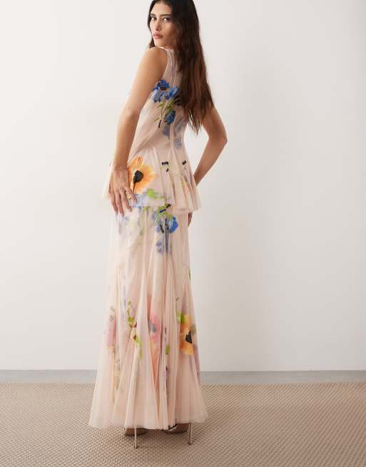 ARRANGE - Geplooide maxi rok met geborduurde bloemen in roze, deel van co-ord set, 5 van 5
