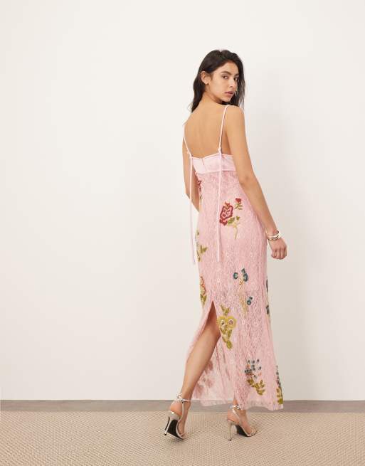 ARRANGE – Gerade geschnittenes Maxikleid in Rosa mit kontrastierendem Oberteil und Pflanzenmotiven, 3 von 4
