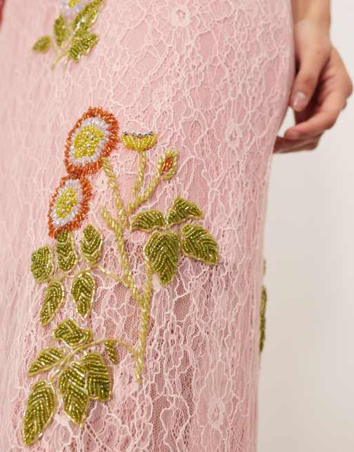 ARRANGE – Gerade geschnittenes Maxikleid in Rosa mit kontrastierendem Oberteil und Pflanzenmotiven, 4 von 4