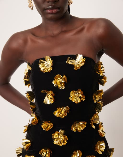 ARRANGE – Gerade geschnittenes, trägerloses Maxikleid in Schwarz mit floraler 3D-Verzierung, 3 von 4
