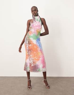 ARRANGE - Gerade Maxikleid mit Verzierung, Neckholder und abstraktem Pailletten-Muster-Bunt