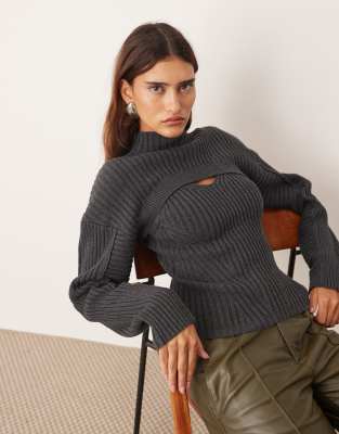 ARRANGE - Gerippter Lagenpullover aus Strick in Anthrazit mit hohem Kragen-Grau
