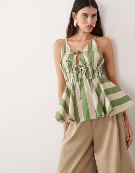 ARRANGE - Gestreepte camitop met gerimpelde voorkant en peplum in crème en groen - view 1