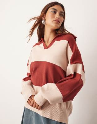ARRANGE - Gestreifter Oversize-Pullover aus kompaktem Strick in Rot und Creme mit Kragen