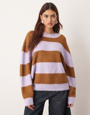 ARRANGE - Gestreifter Oversize-Strickpullover in Flieder und Braun mit Rundhalsausschnitt-Bunt