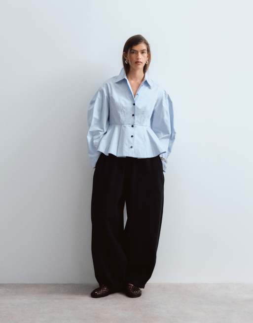 ARRANGE gestructureerd overhemd met kraag en peplum met contrasterende knopen in lichtblauw, 2 van 4