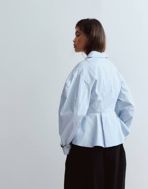 ARRANGE gestructureerd overhemd met kraag en peplum met contrasterende knopen in lichtblauw, 4 van 4