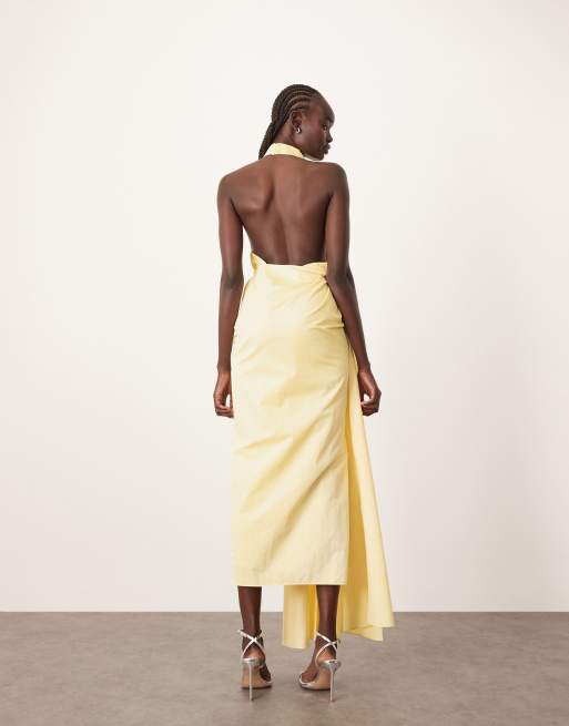 ARRANGE - Gestructureerde halter maxi jurk met gedrapeerd detail in geel, 3 van 4