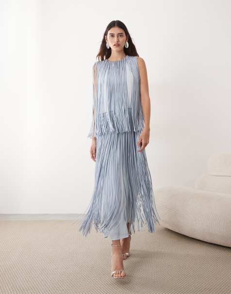 ARRANGE – Gestuftes Maxikleid in Pastellblau mit Fransen - view 1