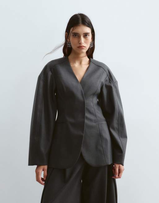 ARRANGE - Co-ord set van vormgegeven blazer en broek met wijde pijpen van keperstof in grijs, 3 van 3