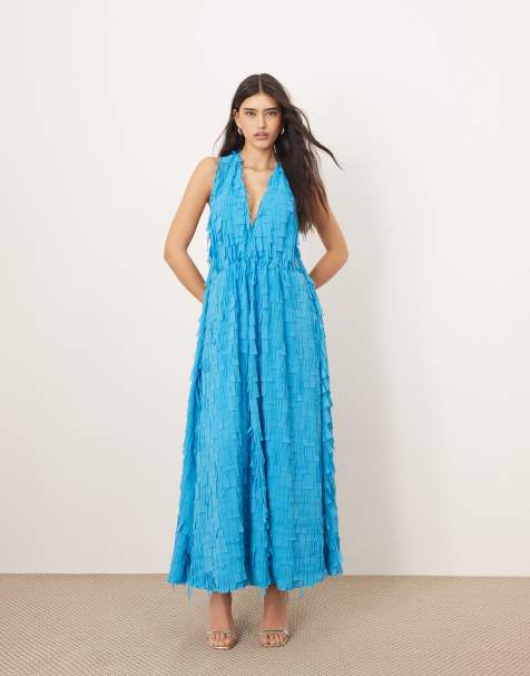 ARRANGE - Getextureerde maxi-jurk met halternek en A-lijn in blauw - view 1