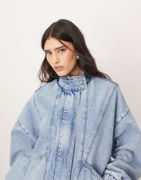 ARRANGE - Giacca bomber in denim blu lavaggio chiaro stile anni '90 con cuciture a vista - view 1