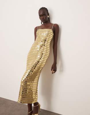 ARRANGE - Goldfarbenes Maxi-Säulenkleid mit linearem Schmucksteinbesatz