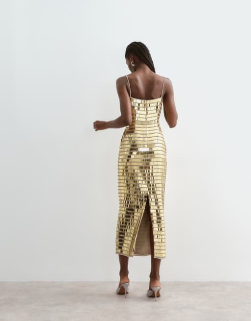 ARRANGE – Goldfarbenes Maxi-Säulenkleid mit linearem Schmucksteinbesatz, 4 von 5