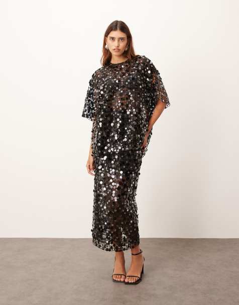 ARRANGE - Gonna lunga e t-shirt in paillettes trasparente nera a griglia - view 1