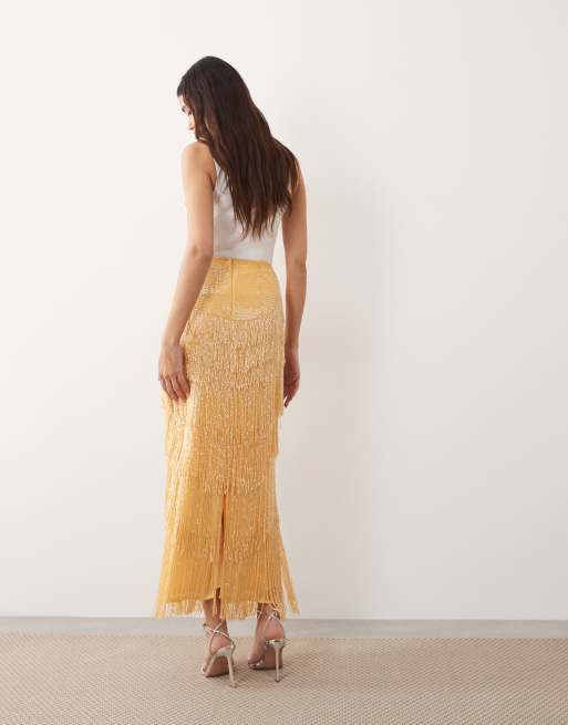 ARRANGE - Gonna midi a colonna gialla con frange e perline, 3 di 5