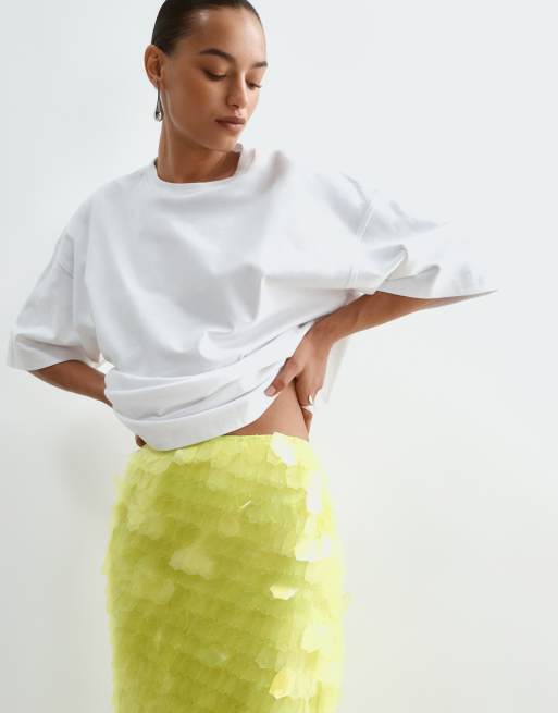 Arrange gonna midi con paillettes, orlo squadrato, lime, 2 di 5