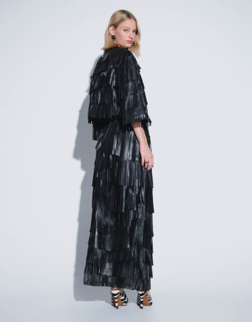 Arrange gonna midi coordinata asimmetrica con frange in pelle nera, 4 di 5