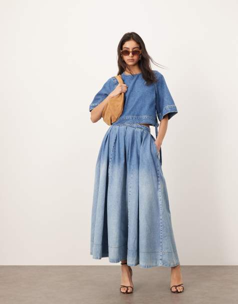 ARRANGE - Gonna midi di jeans a pieghe blu lavaggio chiaro dip-dye in coordinato - view 1