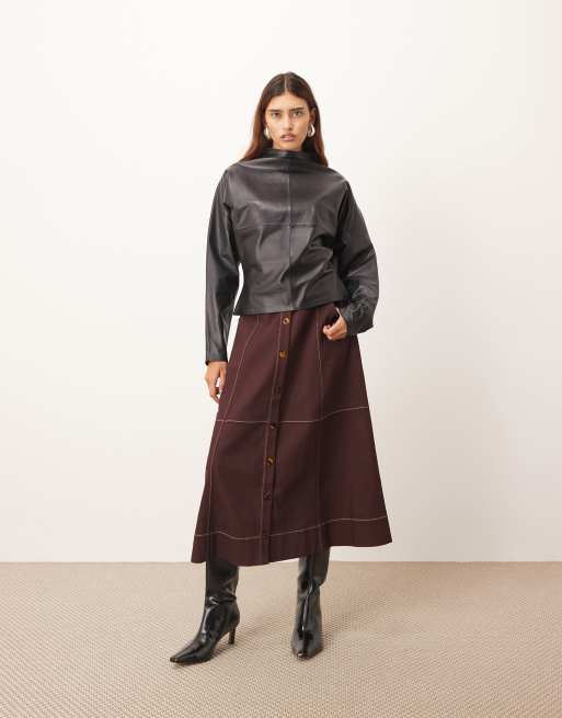ARRANGE - Gonna midi in twill pesante color bordeaux con gonna a ruota e cuciture a contrasto