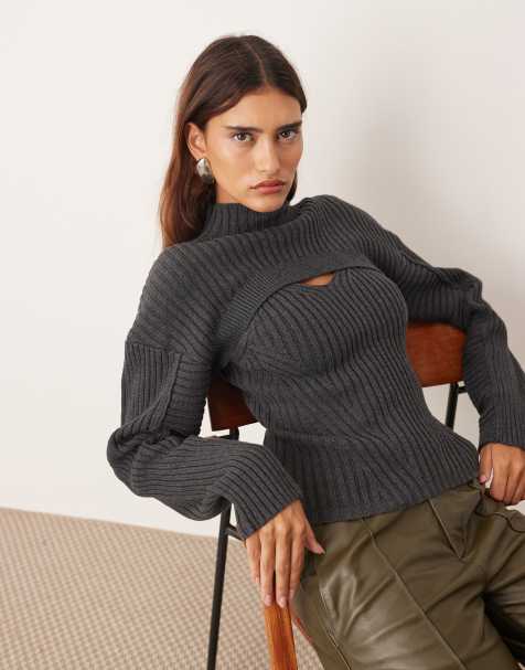 ARRANGE rib knit high neck layered jumper in charcoal