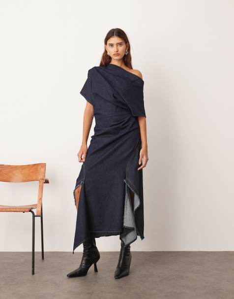 ARRANGE draped indigo denim maxi dress in Indigo