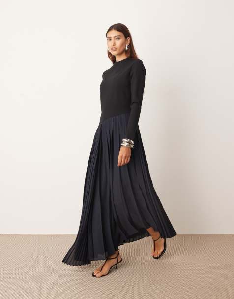 ARRANGE contrast fabric sculpted maxi dress with pleat skirt in navy/black