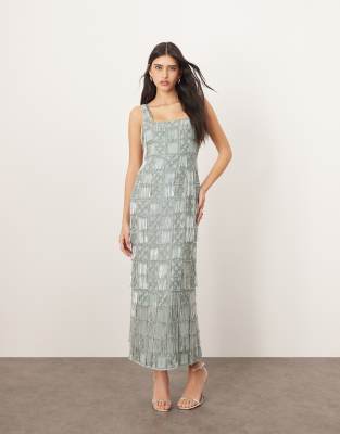 grid embellished square neck maxi dress with fringe detail in light blue