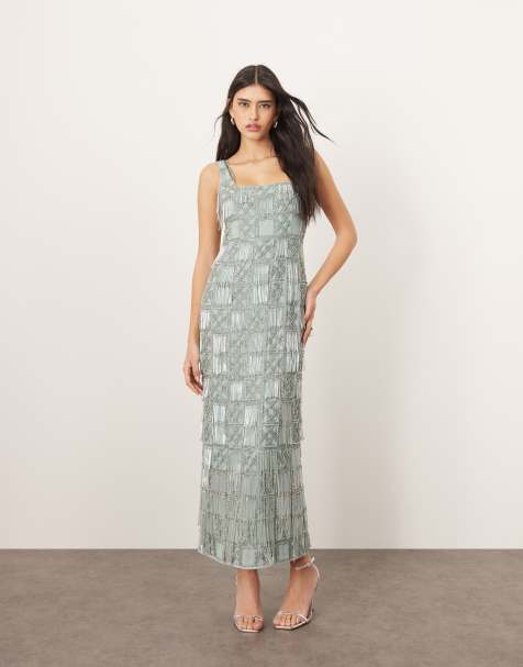ARRANGE grid embellished square neck maxi dress with fringe detail in light blue