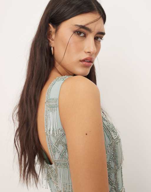 ARRANGE grid embellished square neck maxi dress with fringe detail in light blue