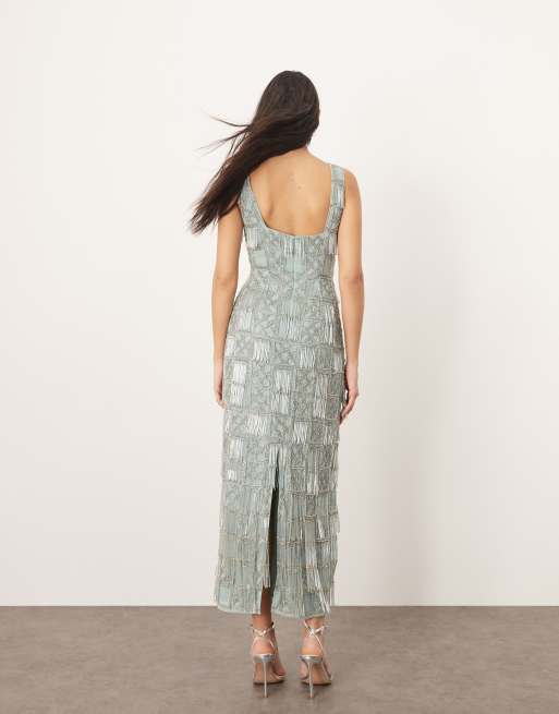 ARRANGE grid embellished square neck maxi dress with fringe detail in light blue, 3 of 4