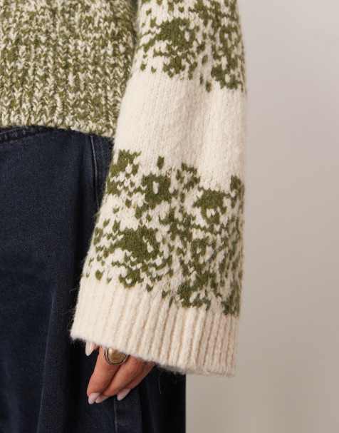 ARRANGE - Grøn og cremehvid chunky trøje i forskellige typer strik - view 1