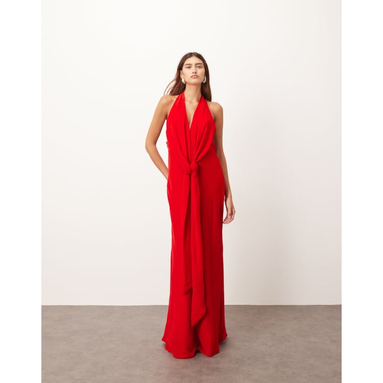 ARRANGE halter neck plunge velvet maxi dress with tie detailing in red