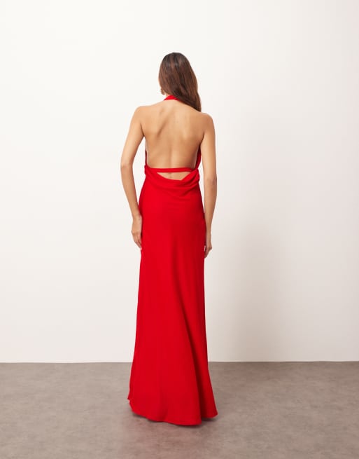 ARRANGE halter neck plunge velvet maxi dress with tie detailing in red