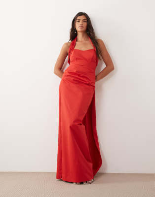 Arrange Halter Shirred Waistband Maxi Dress In Red