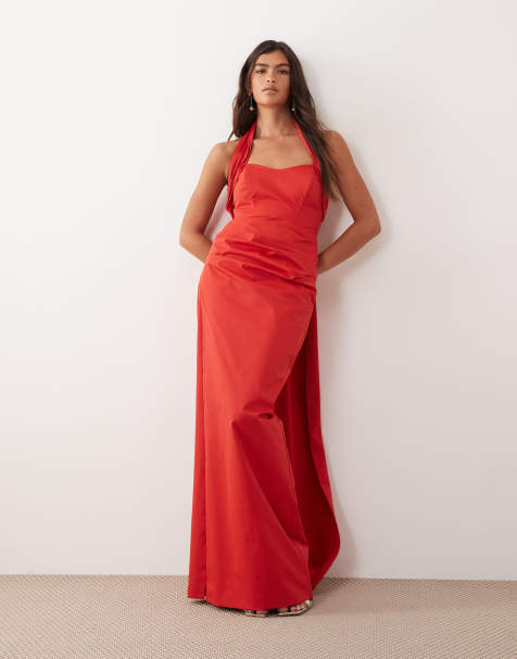 ARRANGE structured halter maxi dress with train back in red