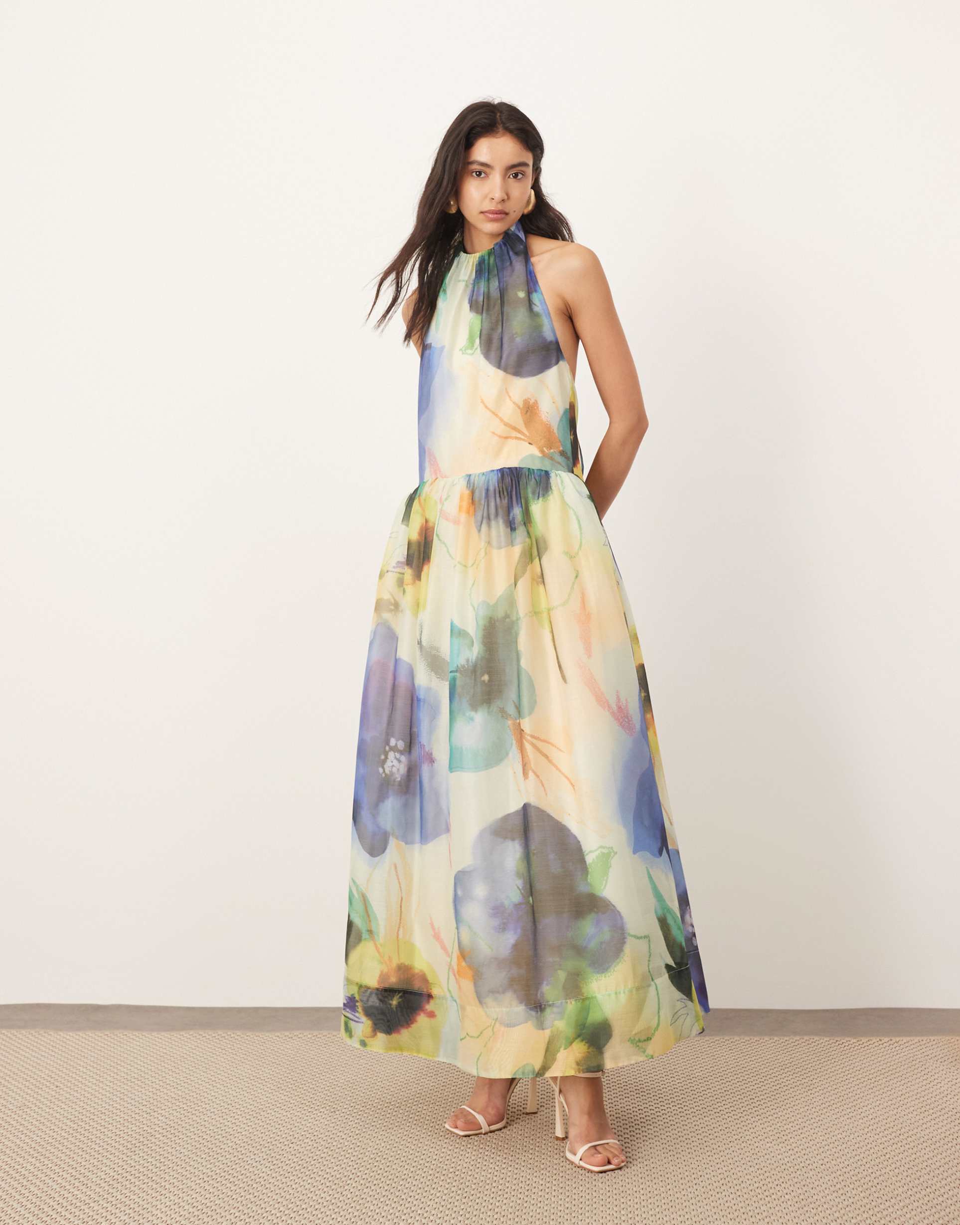 arrange halterneck maxi dress with tie neck detail in oversized floral print