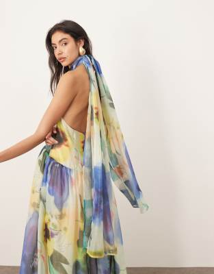 ARRANGE halterneck maxi dress with tie neck detail in oversized floral print