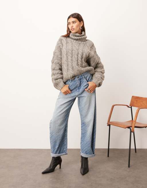 ARRANGE hand knit high neck cable knit sweater in gray