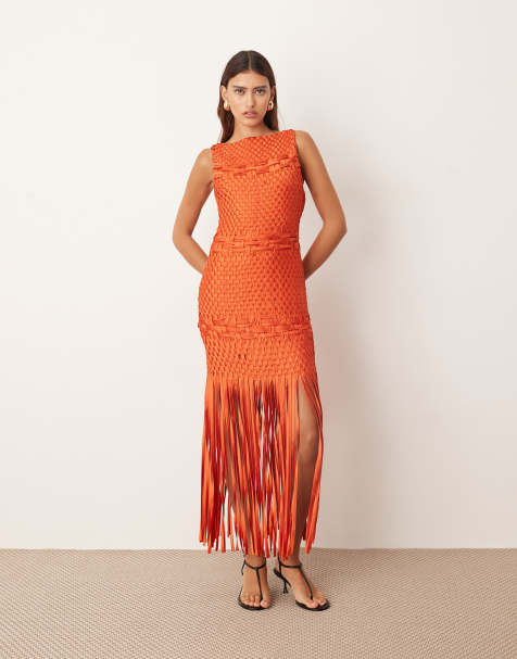 ARRANGE – Handgewebtes Midikleid in Orange mit Fransensaum und Gitterdesign - view 1
