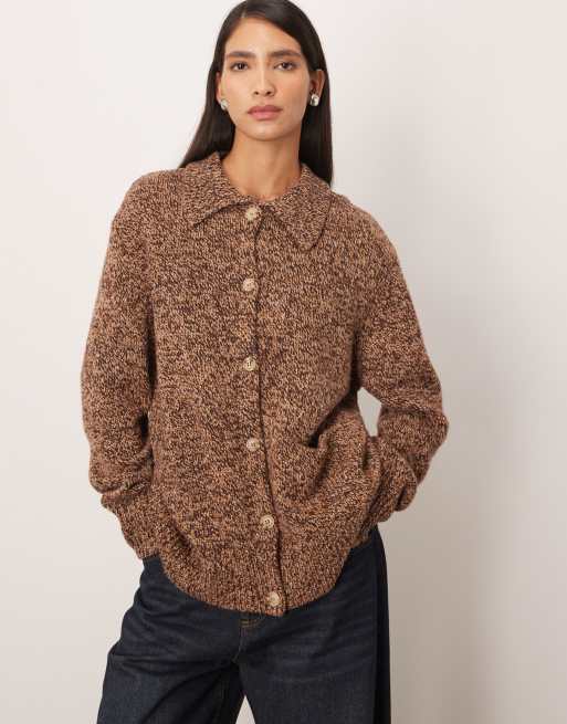 ARRANGE heather knit merino rich boyfriend cardigan in light chocolate, 2 of 4