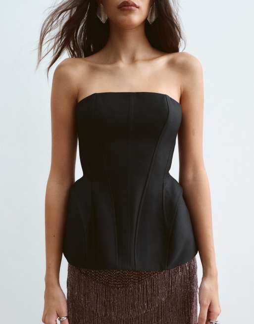 ARRANGE heavy bonded satin sculpted bandeau top in black, 3 of 5