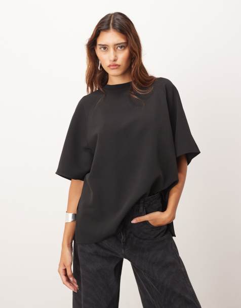 ARRANGE heavy crepe t-shirt with rib neck trim in black - view 1