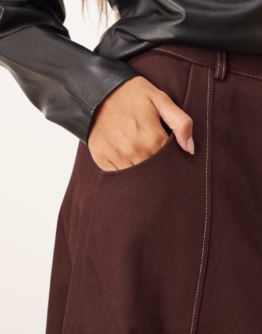 ARRANGE heavy twill full midi skirt  with contrast stitch in burgundy, 3 of 5