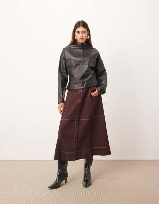 Arrange Heavy Twill Full Midi Skirt With Contrast Stitching In Burgundy